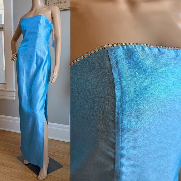 NWT Vintage 90s Faviana Strapless Prom Dress Blue Mermaid Rhinestone Slit Size 9 - Picture 1 of 16